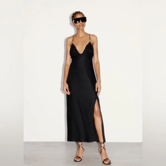 chinese dress ladies Capri Linen Blend Maxi Dress in Black by Dissh